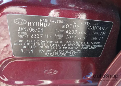 2004 Hyundai Sonata Gls/Lx из США, поврежденный, VIN KMHWF35H34A023020